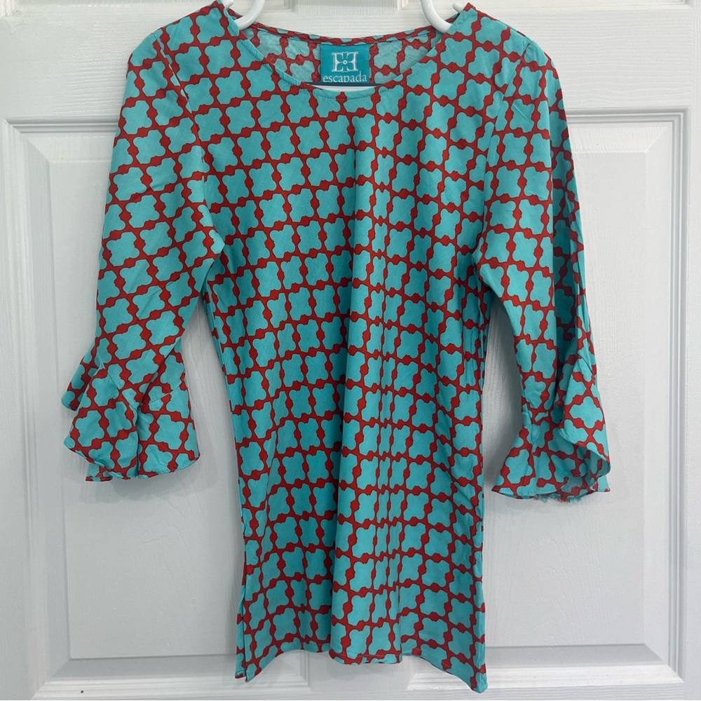 Escapada Teal Blue Orange Geometric Bell Sleeve Women's Top Blouse Shirt Tunic